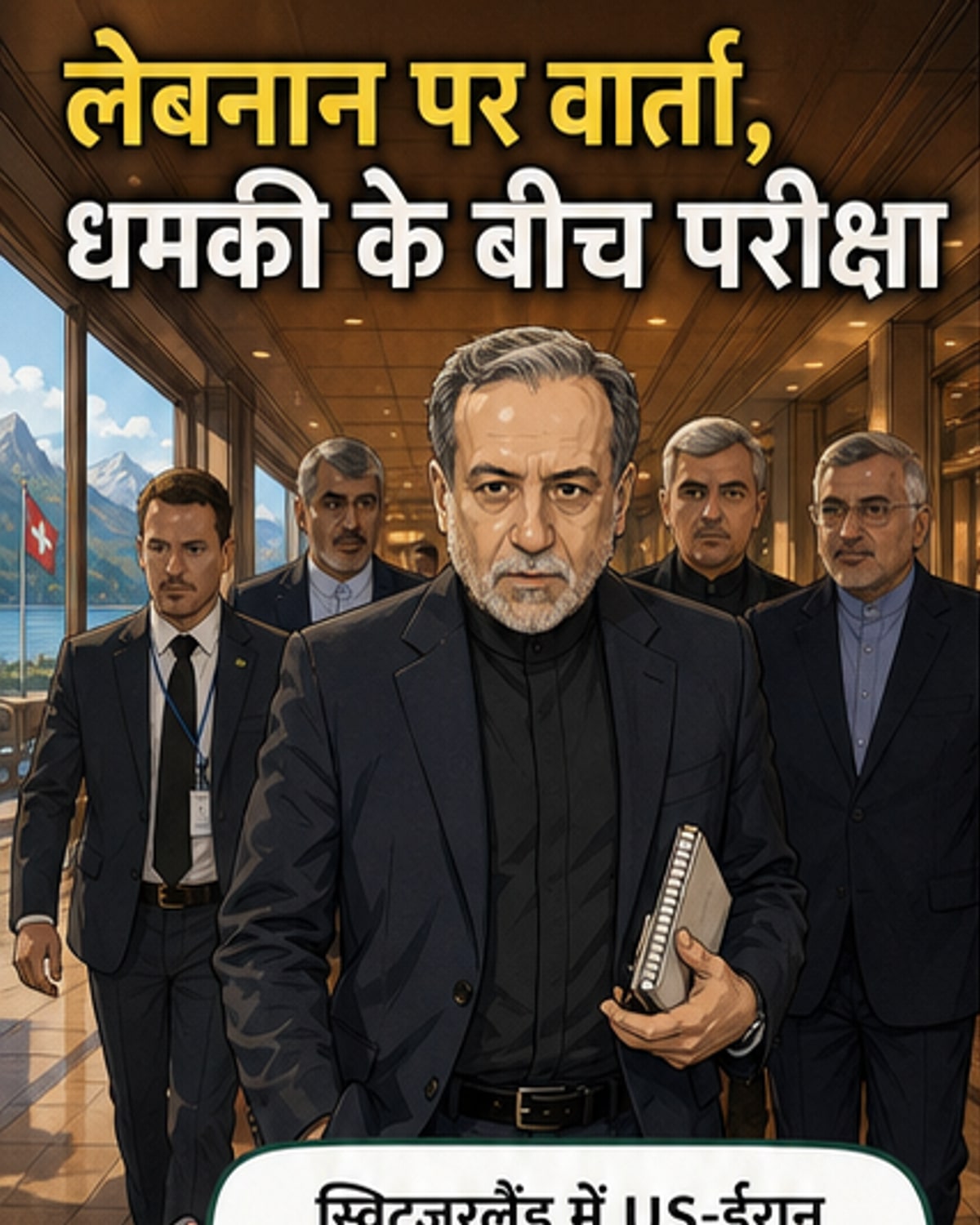 एक वेबटून पैनल जिसमें स्विट्जरलैंड में अमेरिका और ईरान के प्रतिनिधि एक डी-कॉन्फ्लिक्शन सेल बनाने के लिए बातचीत करते दिखाई दे रहे हैं, पृष्ठभूमि में लेबनान में चल रहे संघर्ष के संकेत हैं।