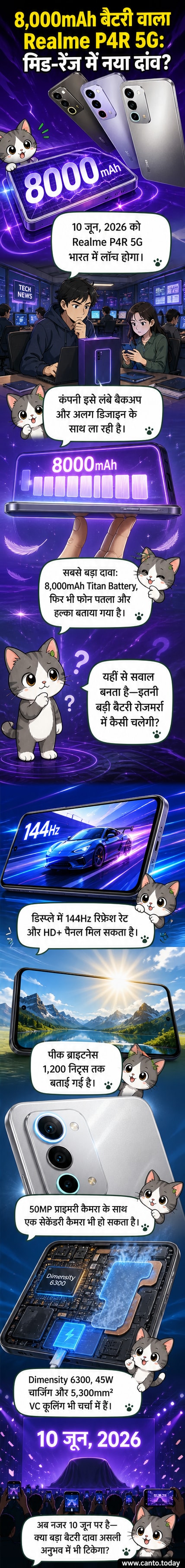 Realme P4R 5G स्मार्टफोन का बॉक्स, जिस पर 8,000mAh बैटरी, 144Hz डिस्प्ले और 50MP कैमरा के विशेष बताए गए हैं।