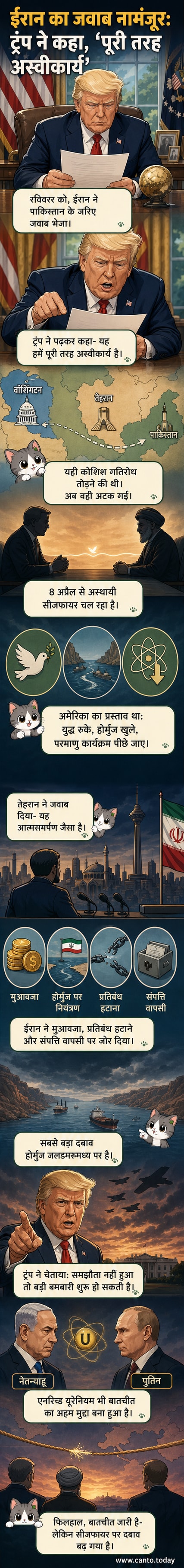 एक वेबटून पैनल जिसमें डोनाल्ड ट्रंप एक शांति प्रस्ताव को फाड़ते हुए दिखाई दे रहे हैं, पृष्ठभूमि में अमेरिका और ईरान के झंडे तनावपूर्ण दृश्य में दिख रहे हैं।