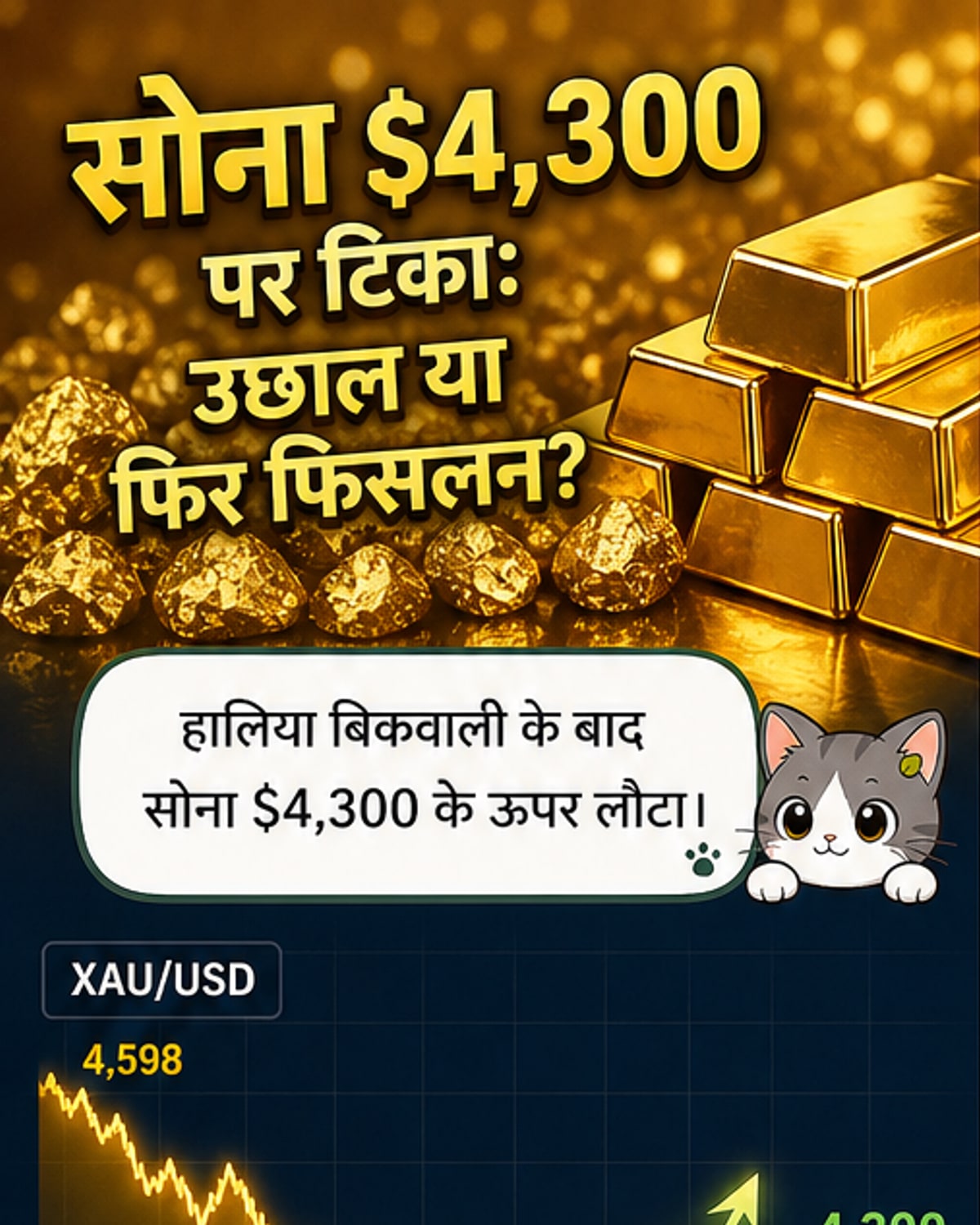 सोने की कीमत चार्ट पर $4300 के समर्थन स्तर और $4366 के प्रतिरोध स्तर के बीच की लड़ाई दिखाई गई है।