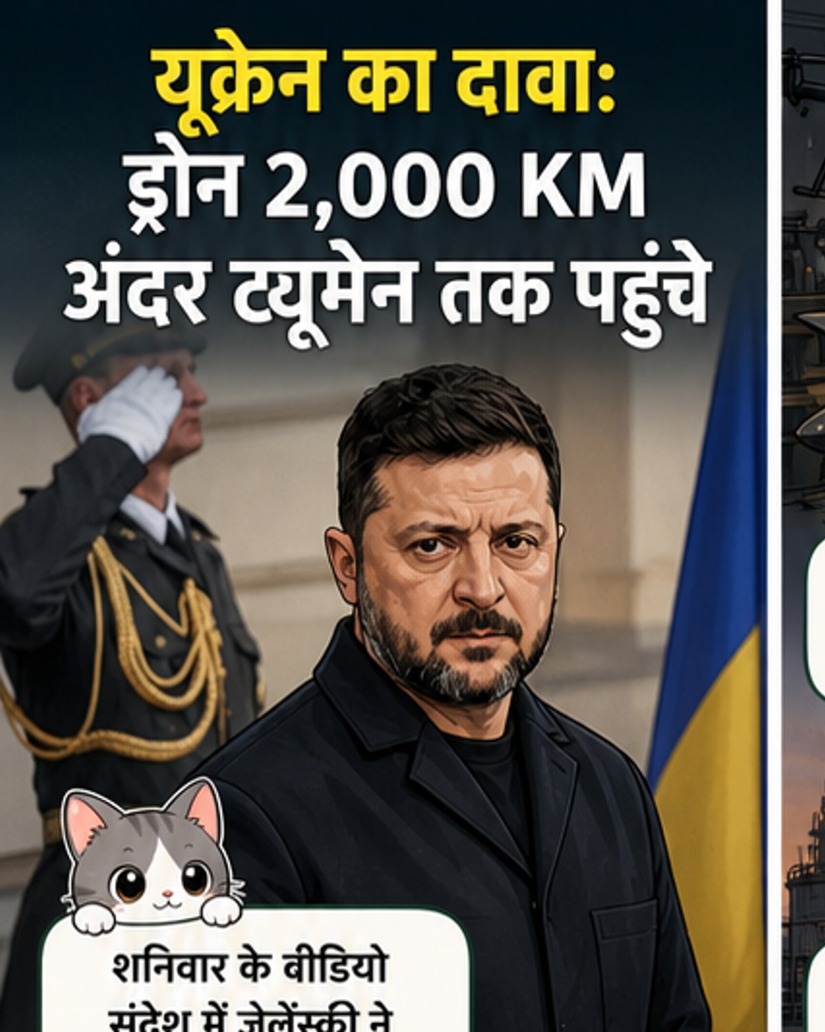 एक ड्रोन आकाश में उड़ता हुआ, नीचे तेल रिफाइनरी के साथ, यूक्रेन और रूस के नक्शे के पृष्ठभूमि में।