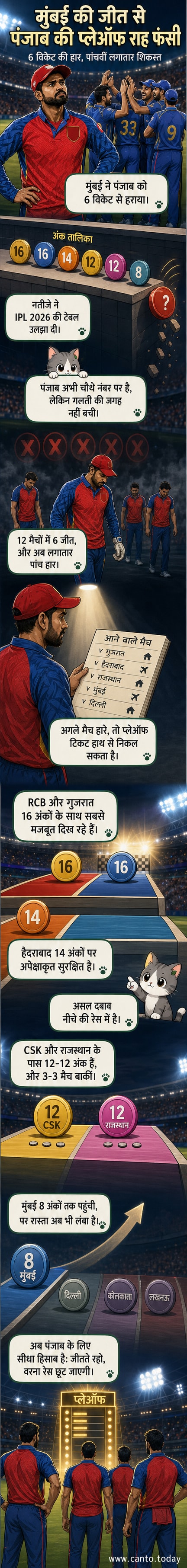 पंजाब किंग्स के खिलाड़ी मैदान पर निराशाजनक भावना के साथ बैठे हुए, पृष्ठभूमि में मुंबई इंडियंस की जीत का जश्न मनाते दिख रहे हैं।