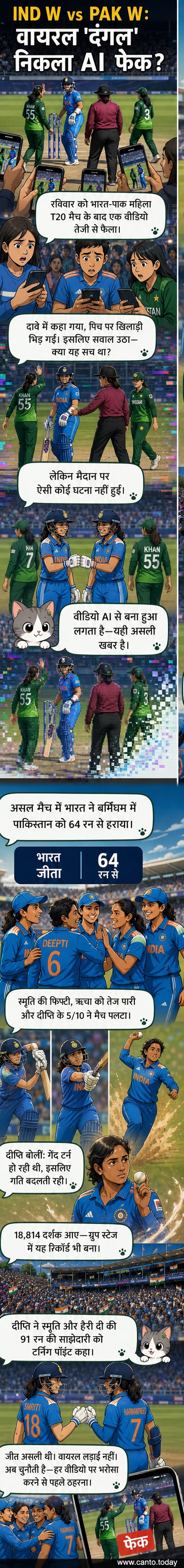एक भारतीय और पाकिस्तानी महिला क्रिकेटर मैदान पर आमने-सामने, पृष्ठभूमि में अंपायर और टीम सदस्य बीच-बचाव करते हुए। वीडियो फ्रेम जैसा दिखता है, लेकिन AI-जनित है।