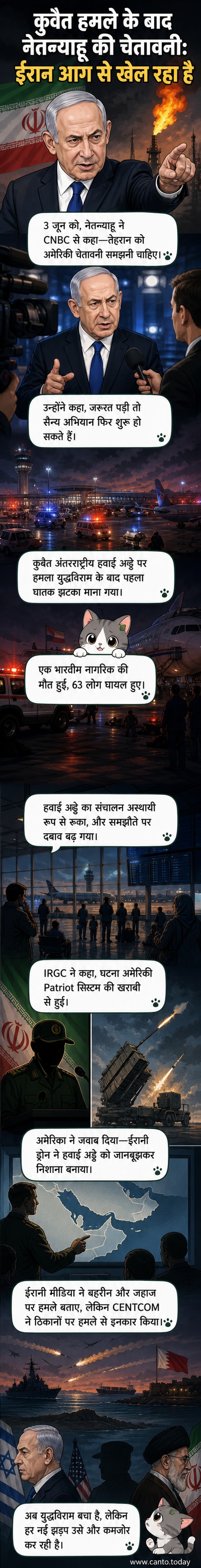 इजरायली प्रधानमंत्री बेंजामिन नेतन्याहू ईरान के खिलाफ कड़ी चेतावनी देते हुए, पृष्ठभूमि में खाड़ी क्षेत्र का नक्शा और तनावपूर्ण तस्वीर।