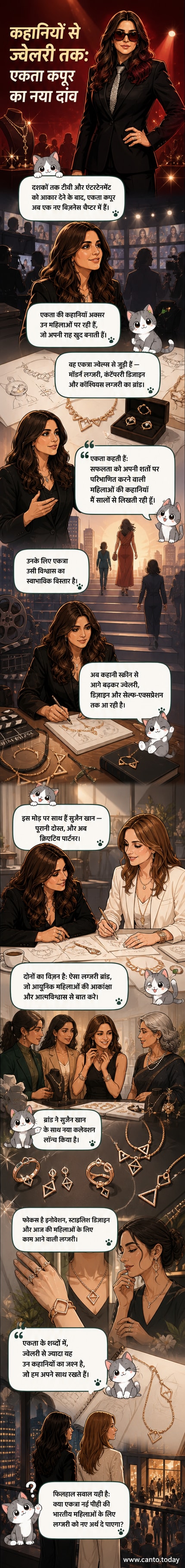 एकता कपूर और सुज़ैन खान एकत्रा ज्वेल्स के लॉन्च इवेंट में, पीछे आधुनिक डिज़ाइन वाले ज्वेलरी डिस्प्ले के साथ।