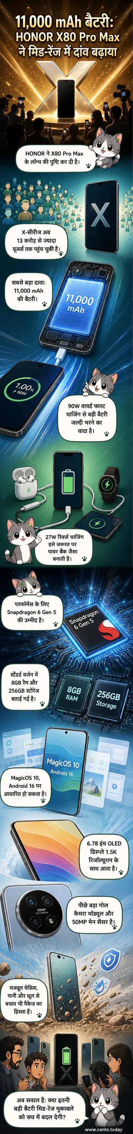Honor X80 Pro Max स्मार्टफोन का चित्र, जिसमें बड़ी बैटरी और गोलाकार कैमरा मॉड्यूल दिख रहा है।