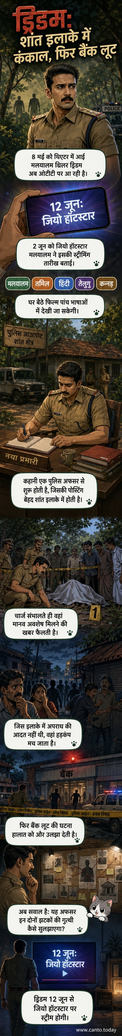 थ्रिलर फिल्म 'ड्रिडम' का पोस्टर, जिसमें शेन निगम एक गहरी नजर वाले पुलिस इंस्पेक्टर के रूप में दिख रहे हैं, पृष्ठभूमि में एक अंधेरे जंगल और एक पुलिस स्टेशन का दृश्य है।