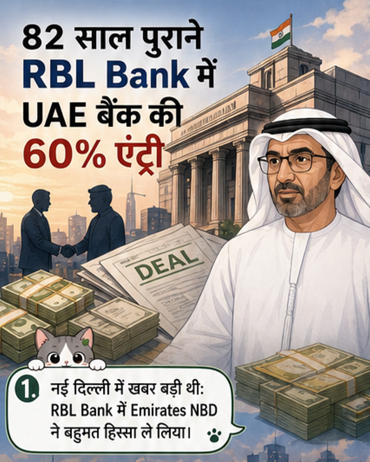 एक भारतीय बैंक और यूएई के बैंक के लोगो के बीच हाथ मिलाते हुए दो हाथ, पृष्ठभूमि में डॉलर और रुपये के नोट तैरते हुए