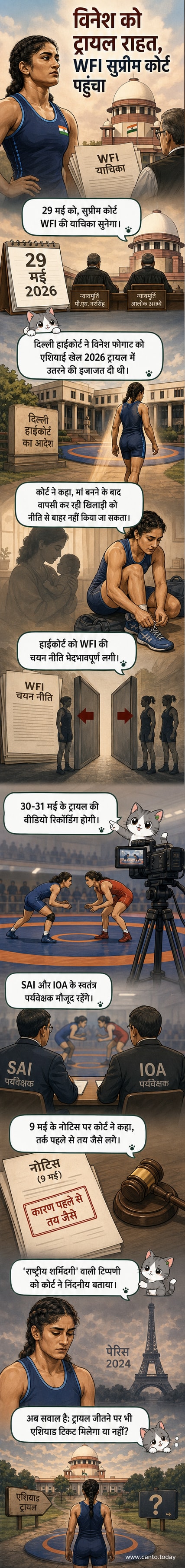 एक महिला पहलवान रिंग में तैयार खड़ी है, पीछे न्यायिक भवन और ओलंपिक बैज के प्रतीक हैं, जो खेल और न्याय के टकराव को दर्शाते हैं।