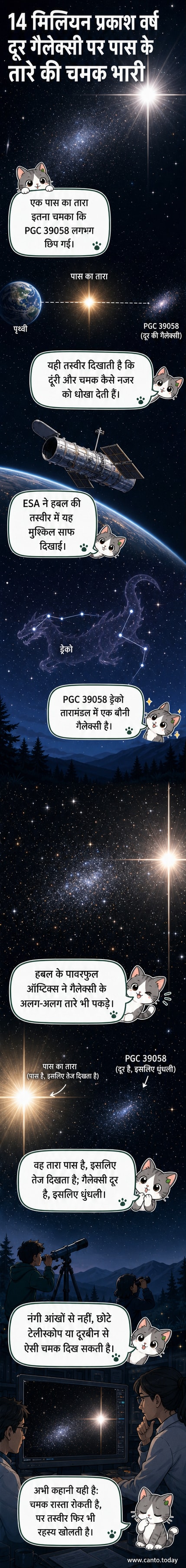 हबल टेलीस्कोप द्वारा कैद की गई तस्वीर में एक चमकीला तारा सामने है और पृष्ठभूमि में धुंधली बौनी गैलेक्सी पीजीसी 39058 दिख रही है।
