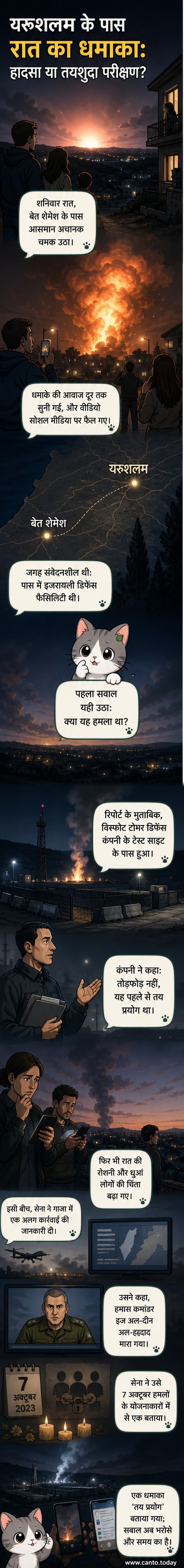इजरायल के बेत शेमेश के पास रात के समय एक रक्षा सुविधा में धमाके के बाद आग का गोला और घना धुआं आसमान में फैला हुआ।