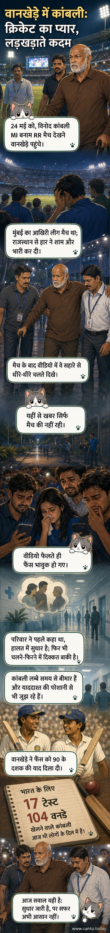 विनोद कांबली, दो सहायकों के सहारे, वानखेड़े स्टेडियम के बाहर धीमे कदमों से चलते हुए, पीछे स्टेडियम का लोगो दिख रहा है।