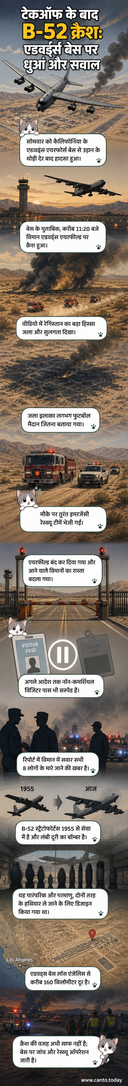 एक B-52 बॉम्बर के क्रैश के बाद रेगिस्तान में धुएं का गुबार उठता हुआ, जिसके पीछे एयरफील्ड की दूरी से झलक दिख रही है।