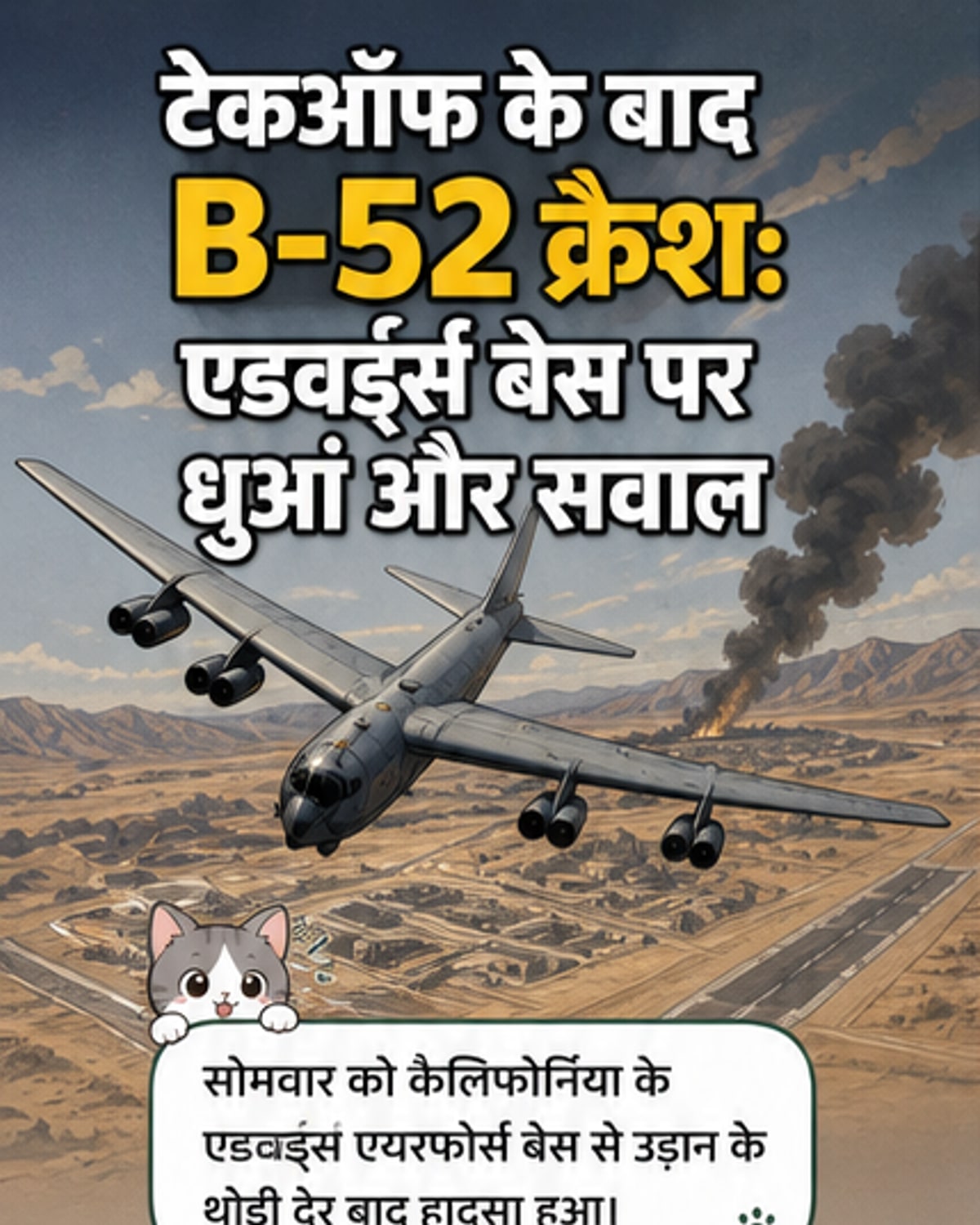 एक B-52 बॉम्बर के क्रैश के बाद रेगिस्तान में धुएं का गुबार उठता हुआ, जिसके पीछे एयरफील्ड की दूरी से झलक दिख रही है।