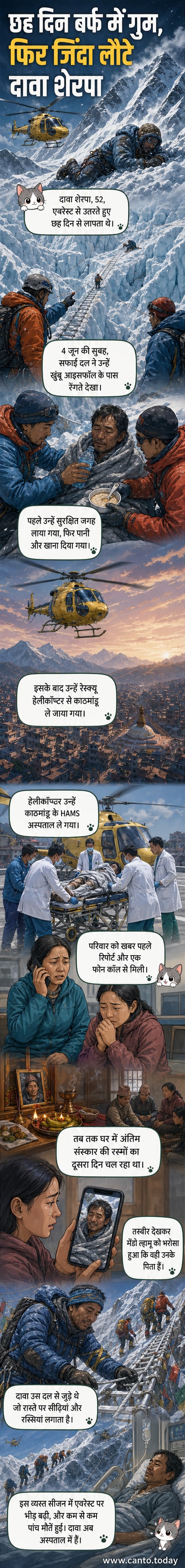 एक पर्वतारोहण गाइड को बर्फीली ढलान पर रेंगते हुए दिखाता कवर पैनल, पृष्ठभूमि में एवरेस्ट की चोटी।