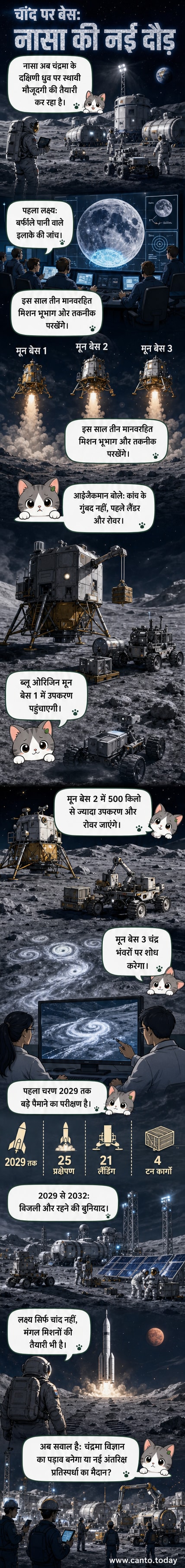 चंद्रमा के दक्षिणी ध्रुव पर स्थायी बेस की कल्पनात्मक छवि, जिसमें रोवर, लैंडर, बस्तियां और बुनियादी ढांचा दिखाई दे रहा है।