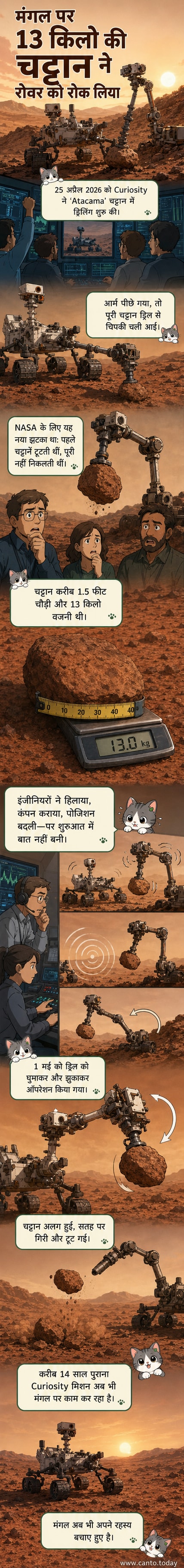 मंगल ग्रह पर नासा का क्यूरियोसिटी रोवर एक चट्टान के पास खड़ा है, जिसके ड्रिल में एक बड़ी चट्टान फंसी हुई है।