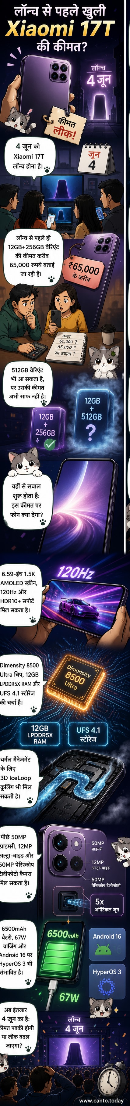 Xiaomi 17T स्मार्टफोन का रेंडर, जिसमें बड़ी स्क्रीन और ट्रिपल रियर कैमरा सेटअप दिखाई दे रहा है।