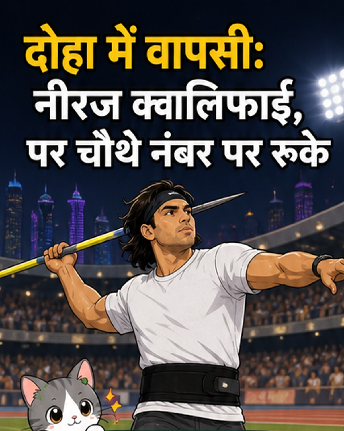 नीरज चोपड़ा दोहा डायमंड लीग 2026 में भाला फेंकते हुए, पीछे भारतीय झंडा दिख रहा है