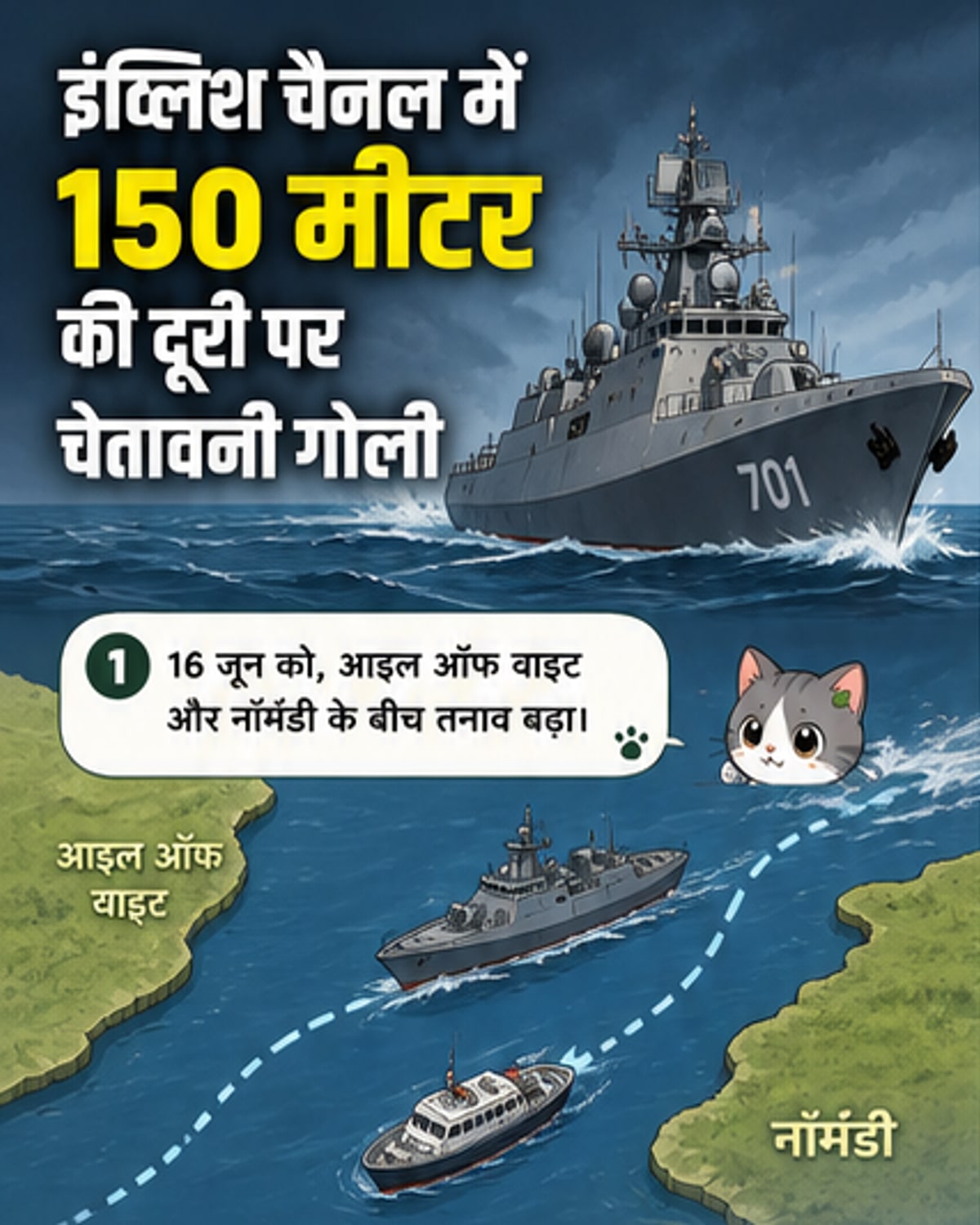 एक रूसी युद्धपोत इंग्लिश चैनल में चेतावनी के लिए गोली चलाते हुए, पृष्ठभूमि में ब्रिटिश नौका दिखाई दे रही है।