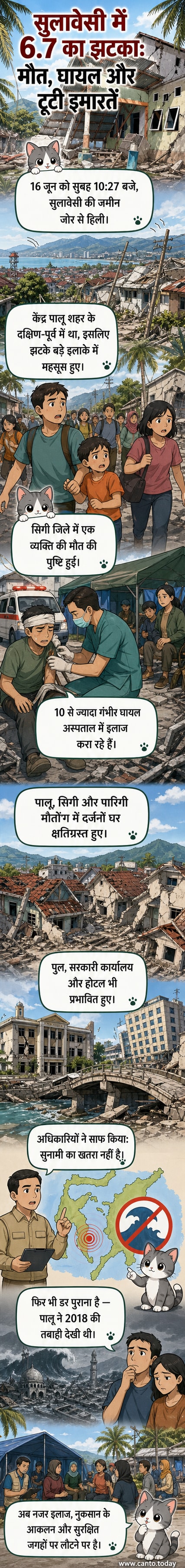 इंडोनेशिया के सुलावेसी द्वीप पर आए भूकंप के बाद क्षतिग्रस्त इमारतों और आपदा प्रतिक्रिया टीमों का दृश्य।