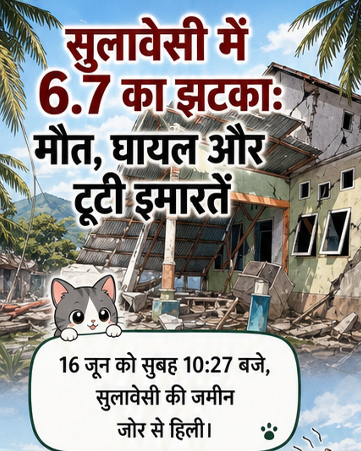 इंडोनेशिया के सुलावेसी द्वीप पर आए भूकंप के बाद क्षतिग्रस्त इमारतों और आपदा प्रतिक्रिया टीमों का दृश्य।
