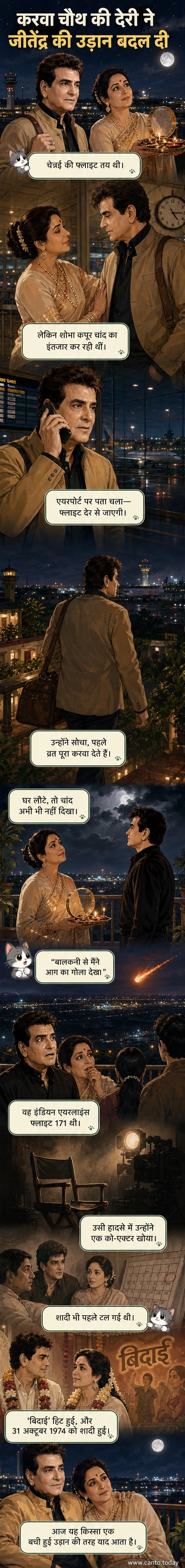 एक बूढ़े बॉलीवुड अभिनेता जीतेंद्र और उनकी पत्नी शोभा कपूर की तस्वीर, पृष्ठभूमि में एक विमान दुर्घटना का दृश्य दिखाई दे रहा है, जो करवा चौथ के दिन हुई घटना को दर्शाता है।