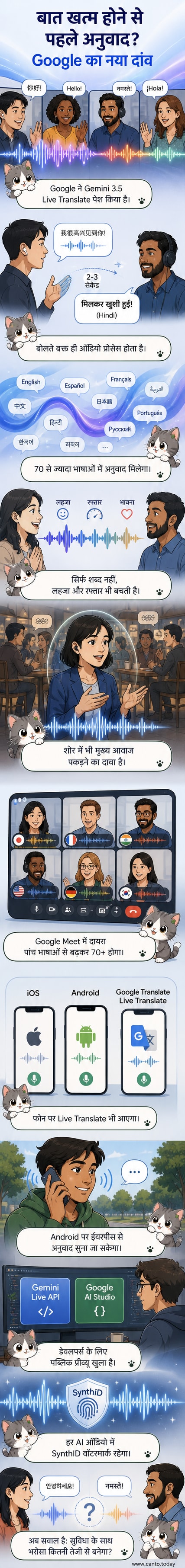 गूगल लोगो के सामने दो व्यक्ति अलग-अलग भाषाओं में बात कर रहे हैं, उनके बीच एक डिजिटल तरंग रियल-टाइम अनुवाद दिखा रही है