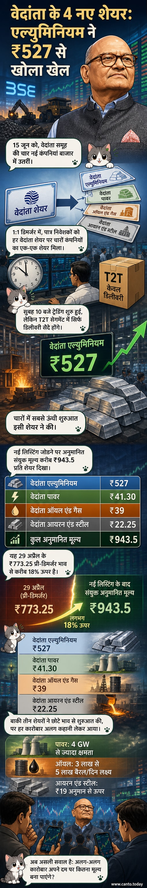 वेदांता समूह की चार नई कंपनियों के शेयरों का बाजार में लिस्टिंग डेट पर डिजिटल डिस्प्ले पर दिखाया गया डेटा: एल्युमिनियम ₹527, पावर ₹41.30, ऑयल-गैस ₹39, आयरन-स्टील ₹22.25