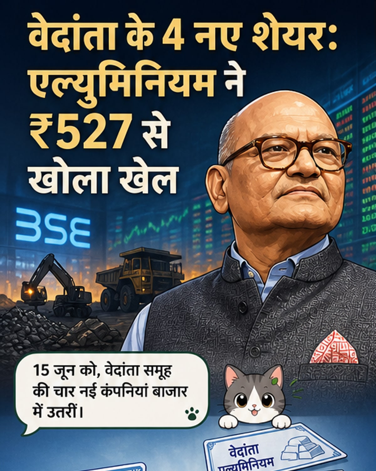वेदांता समूह की चार नई कंपनियों के शेयरों का बाजार में लिस्टिंग डेट पर डिजिटल डिस्प्ले पर दिखाया गया डेटा: एल्युमिनियम ₹527, पावर ₹41.30, ऑयल-गैस ₹39, आयरन-स्टील ₹22.25