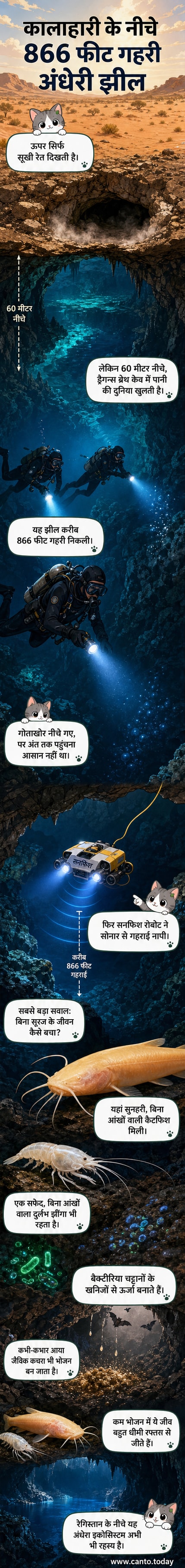 कालाहारी रेगिस्तान के नीचे गहरी गुफा में अंधेरे में चमकती झील और उसमें तैरती बिना आंखों वाली मछलियां दिखाई दे रही हैं।