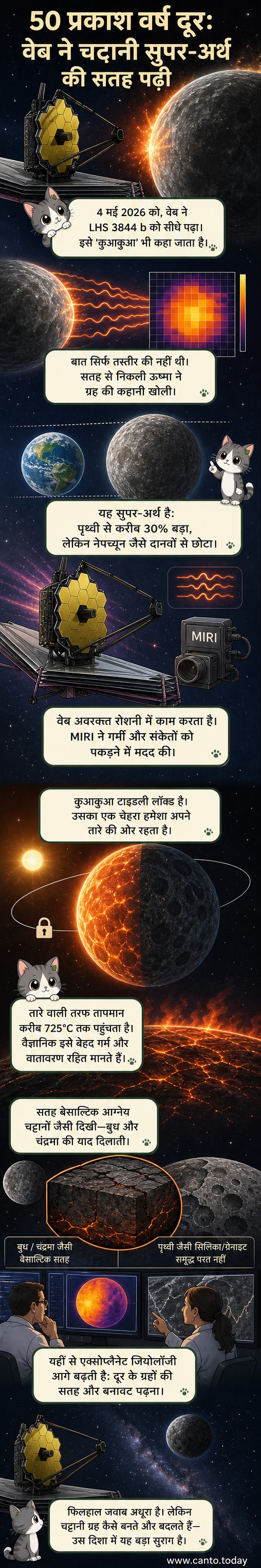 एक काले अंतरिक्ष में लाल-गर्म एक तरफ और अंधेरे में डूबी दूसरी तरफ वाला एक चट्टानी ग्रह, जेम्स वेब टेलीस्कोप की ओर से देखा गया।