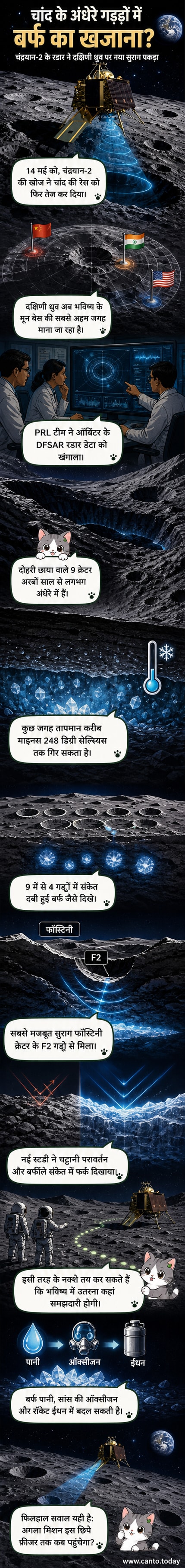 चंद्रमा के दक्षिणी ध्रुव के नीचे छिपी बर्फ की परतों को दिखाता एक वैज्ञानिक आरेख, जिसमें चंद्रयान-2 का ऑर्बिटर रडार तरंगें भेजते हुए दिखाया गया है।
