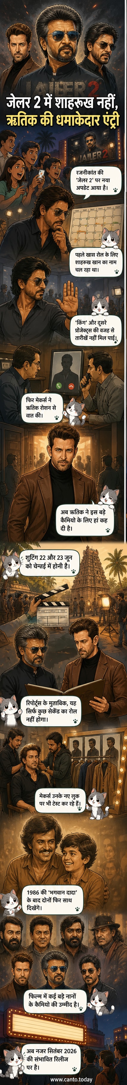 ऋतिक रोशन और रजनीकांत की फिल्म 'जेलर 2' के लिए एक साथ काम करने का विज़ुअल रिप्रेजेंटेशन, पृष्ठभूमि में चेन्नई के सेट के साथ।