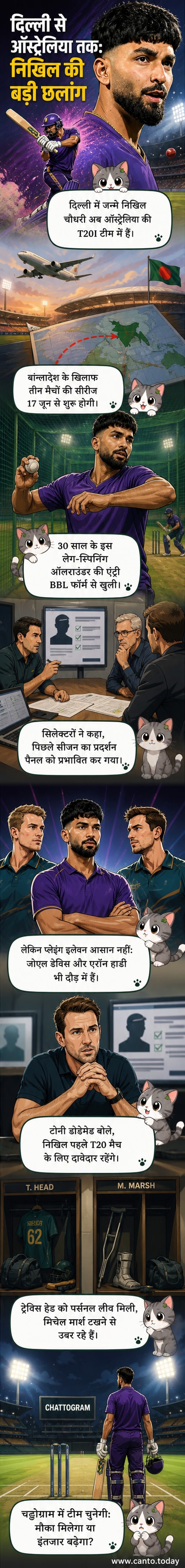 एक भारतीय मूल के क्रिकेटर निखिल चौधरी ऑस्ट्रेलियाई टीम जर्सी में खड़े हैं, पृष्ठभूमि में एक क्रिकेट स्टेडियम और झंडे हैं