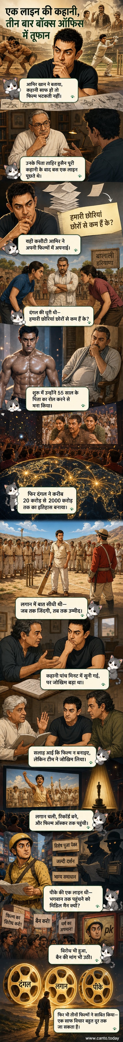 तीन बॉलीवुड फिल्मों 'दंगल', 'लगान' और 'पीके' के पोस्टर के साथ आमिर खान की तस्वीर, एक लाइन की कहानी वाली फिल्मों के बारे में बताते हुए।