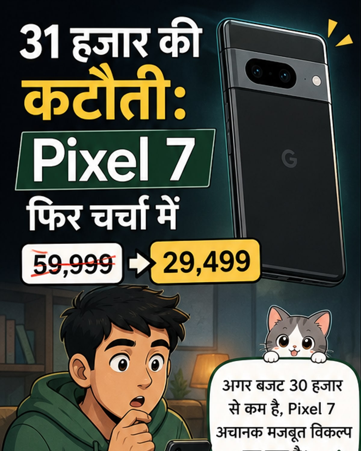 गूगल पिक्सल 7 स्मार्टफोन की छवि, जिस पर '31,000 रुपये छूट' का बैज लगा है, पृष्ठभूमि में अमेजन और बैंक ऑफर के आइकन दिख रहे हैं।