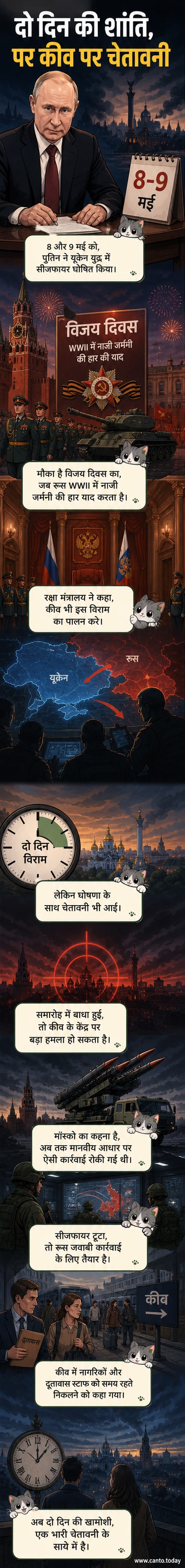 एक रूसी सैनिक और यूक्रेनी झंडे के सामने एक घड़ी, जो 8-9 मई के सीजफायर के तनावपूर्ण माहौल को दर्शाती है