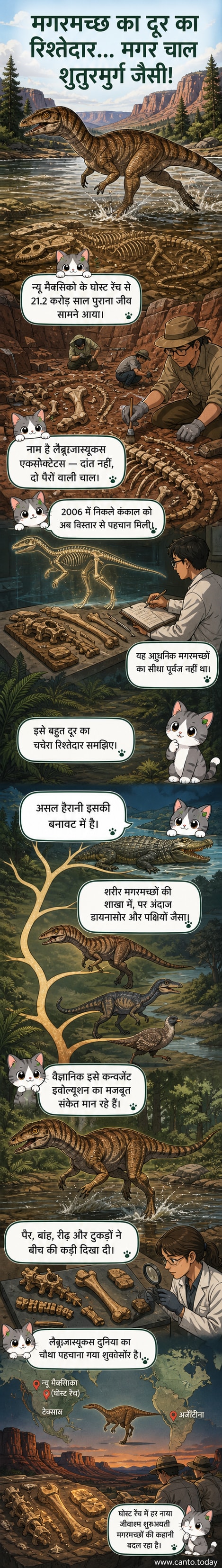 एक शुतुरमुर्ग जैसा दिखने वाला, दो पैरों पर खड़ा एक स्केली जीव, जिसके मुंह में दांत नहीं हैं, रेगिस्तानी भूभाग में चलता हुआ।
