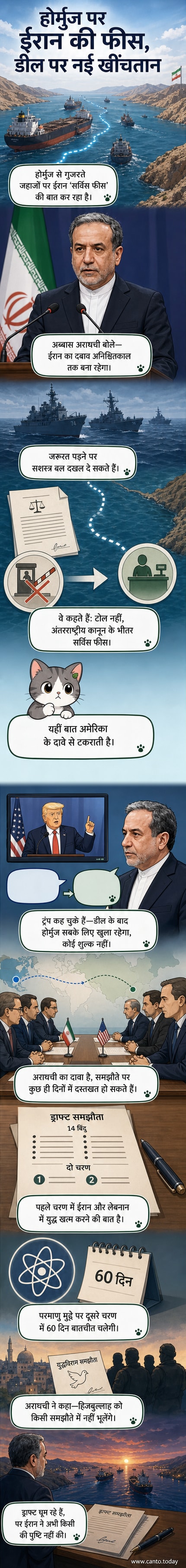 एक नाविक मानचित्र पर होर्मुज जलडमरूमध्य की ओर इशारा करते हुए, पृष्ठभूमि में ईरानी झंडा और अमेरिकी झंडा आमने-सामने हैं।