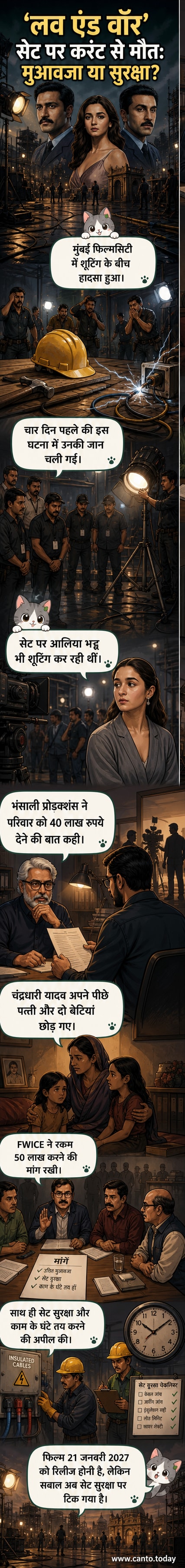 एक फिल्म सेट के चारों ओर बिजली के तार फैले हुए हैं, एक कारीगर जमीन पर गिरा हुआ है, पृष्ठभूमि में फिल्म के सेट का नाम 'लव एंड वॉर' लिखा है।