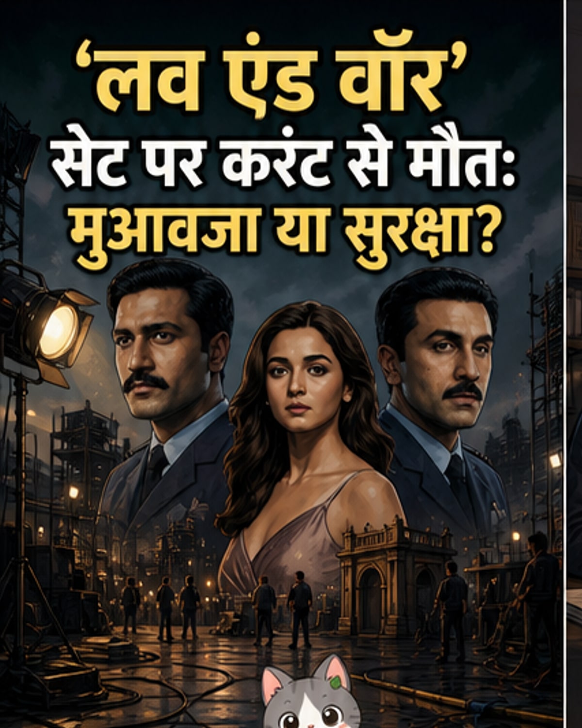 एक फिल्म सेट के चारों ओर बिजली के तार फैले हुए हैं, एक कारीगर जमीन पर गिरा हुआ है, पृष्ठभूमि में फिल्म के सेट का नाम 'लव एंड वॉर' लिखा है।