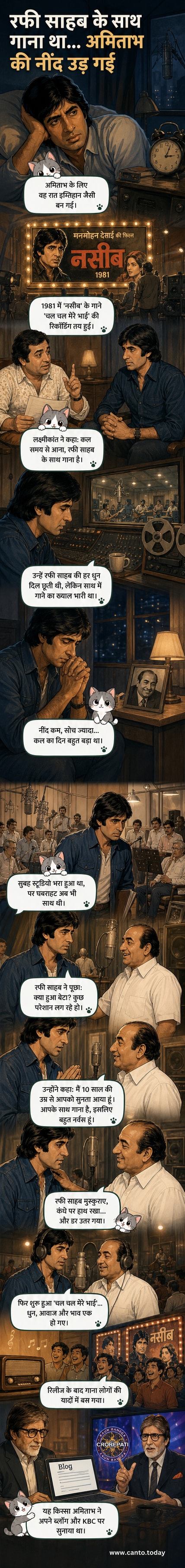 अमिताभ बच्चन और मोहम्मद रफी की कल्पित छवि, जहां रफी बच्चन के कंधे पर हाथ रखे हुए हैं, एक स्टूडियो में गाने की तैयारी के दौरान।