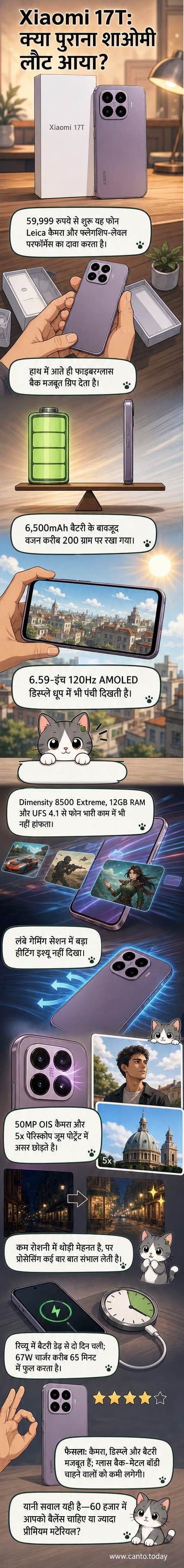 Xiaomi 17T स्मार्टफोन का फ्रंट और बैक व्यू, जिसमें बड़ी स्क्रीन, पेरिस्कोप कैमरा मॉड्यूल और फाइबरग्लास बैक दिख रहा है