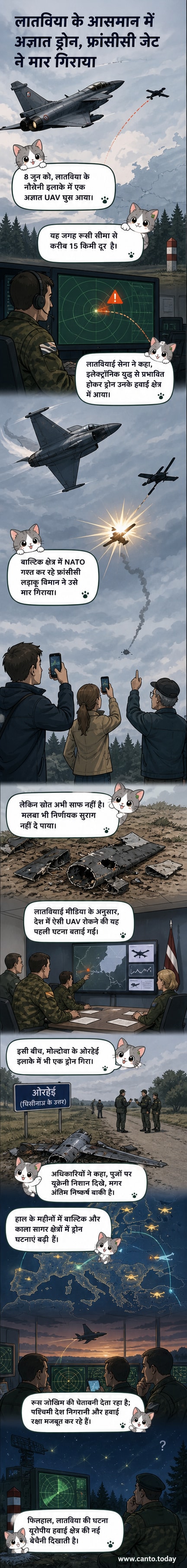 एक फ्रांसीसी लड़ाकू विमान लातविया के ऊपर एक अज्ञात ड्रोन को मार गिराते हुए, जिसके बाद आसमान में धुआं छोड़ता हुआ मलबा दिखाई देता है।