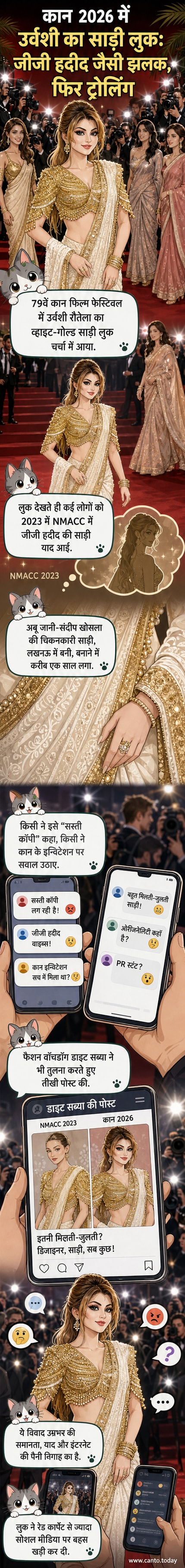 उर्वशी रौतेला सफेद साड़ी और सुनहरे ब्लाउज में कान फिल्म समारोह के रेड कार्पेट पर खड़ी हैं, पीछे फोटोग्राफर्स और भीड़ दिख रही है।