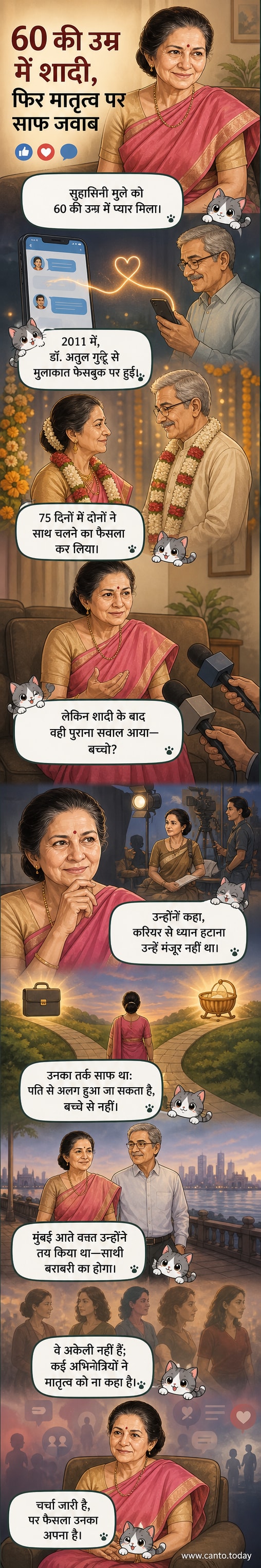 सुहासिनी मुले की फोटो, जो एक शादीशुदा जोड़े के रूप में अपने पति के साथ खड़ी हैं, और उनके पीछे फेसबुक लोगो के साथ एक डिजिटल प्रेम कहानी का संकेत।