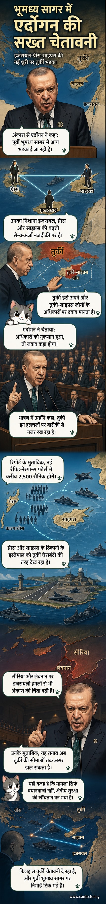 तुर्की के राष्ट्रपति एर्दोगन भाषण देते हुए, पृष्ठभूमि में पूर्वी भूमध्य सागर का नक्शा और सैन्य ठिकानों के निशान