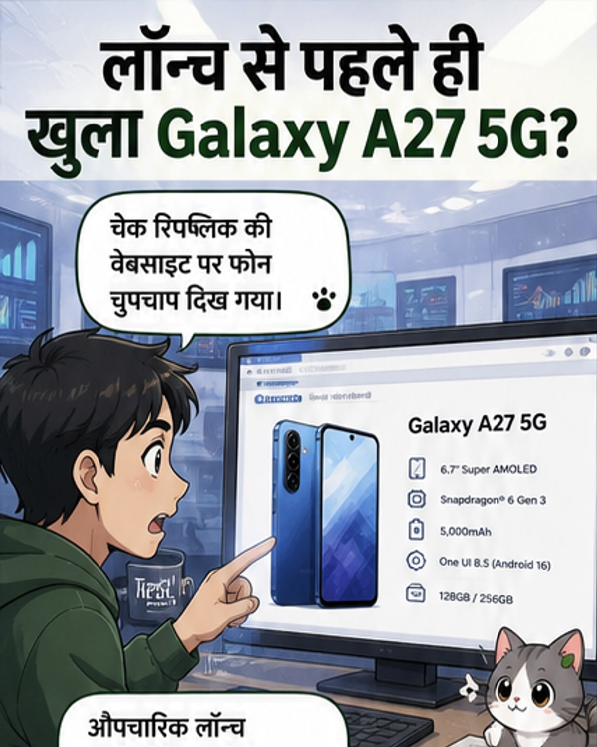 Samsung Galaxy A27 5G का चित्र, जिसमें फ्लैट बैक पैनल पर पिल-शेप्ड कैमरा मॉड्यूल और बीच में होल-पंच डिस्प्ले दिख रहा है।