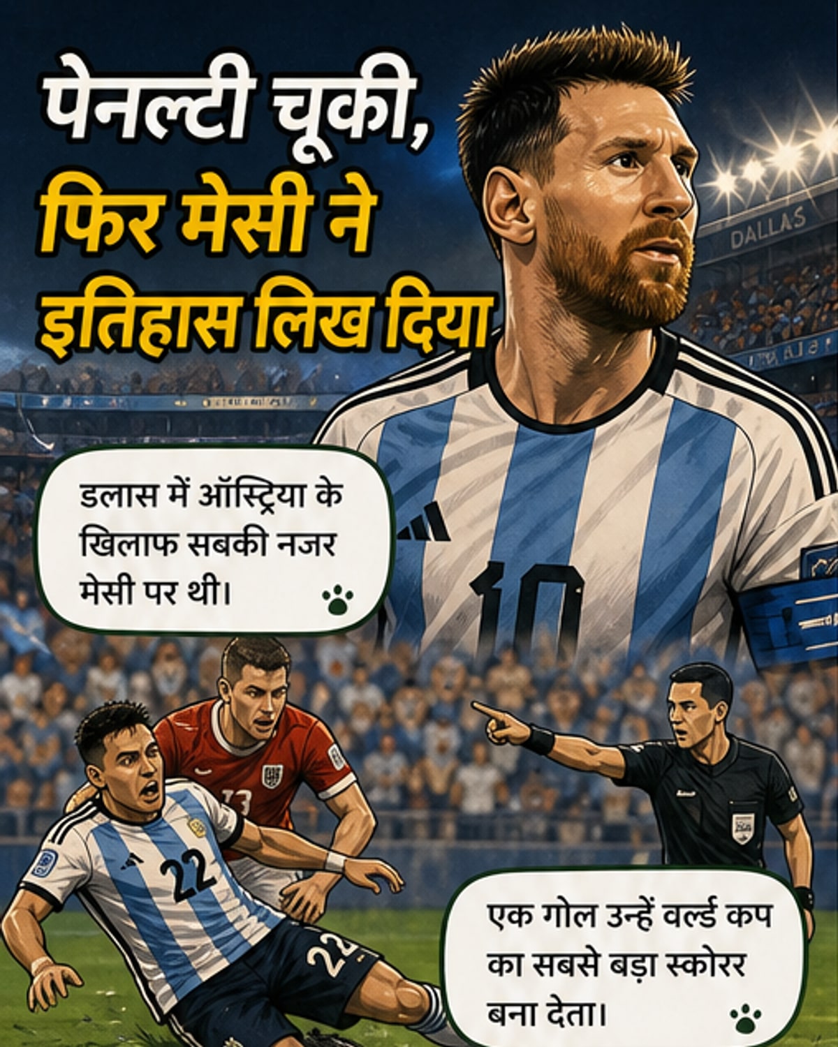 लियोनेल मेसी फीफा वर्ल्ड कप मैच में जश्न मनाते हुए, ऑस्ट्रिया के खिलाफ गोल के बाद अर्जेंटीना के झंडे के साथ।